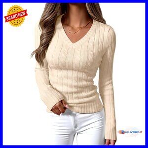 Cable Knit V Neck Pullover Sweater Slim Fit Long Sleeve Fall Casual Work Wear